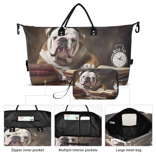 Large Travel Duffel Bag, Books Hat Pug Dog Clock Sport Tote Gym Bag, Shoulder Weekender Overnight Bag for Women Men, Carry On Luggage with Toiletry Bag2