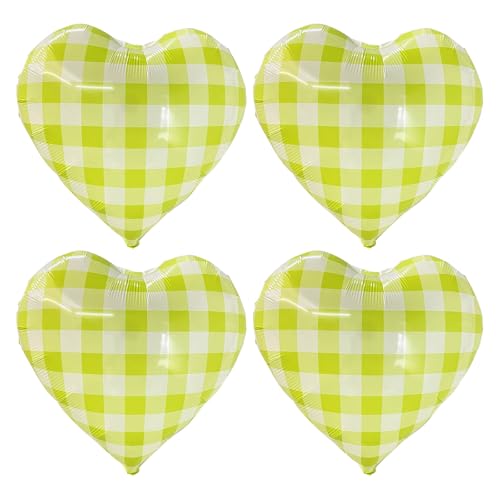 Image of 4pcs 18 inch Yellowish Green Heart Checked Balloons Striped Plaid Heart Balloons for Spring Party Decorations Picnic Party Decor Love Theme Birthday Party Wedding Baby Shower Versatile Party Decor
