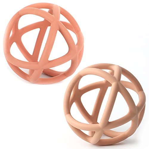 Image of Teething Toys, TOPGOMES Baby Teether Toys, BPA Free Silicone Soft Ball Easy to Hold Teether for Babies Ages 6 Months+ 2 Pack (Muted+Apricot)