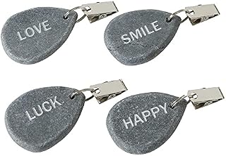 Zestaw 4 obciążników do obrusów z kamienia naturalnego  ze stalowymi klipsami, maksymalna siła zaciskania  waga całkowita ok. 240 g  Happy, Luck, Love, nadruk Smile  idealny na nakryty stół