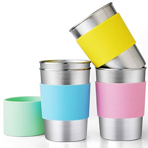 Stainless Steel Cups for Kids and Toddlers 11oz. with Silicone Sleeves, Safe Rim