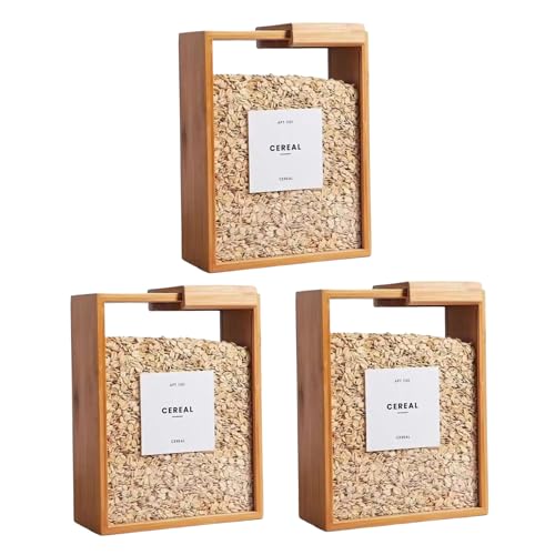 Almacenamiento de contenedores de cereales, 3 dispensadores de alimentos de bambú de 9x7x3 pulgadas con tapas extraíbles, contenedores de alimentos transparentes para cereales, arroz, harina, almacen