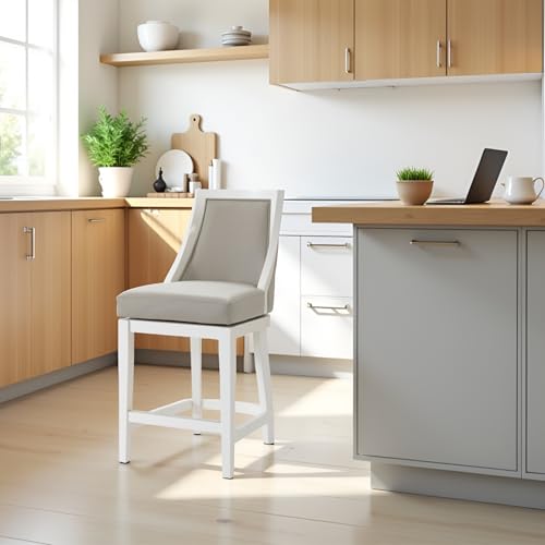Image of Ellie Counter Height Swivel Stool with Back - 41 inch Tall Upholstered Barstool with Padded Seat, Solid Rubberwood Frame, Steel Memory Return, Metal Kick Plate - Kitchen Island & Home Bar Chair (White)