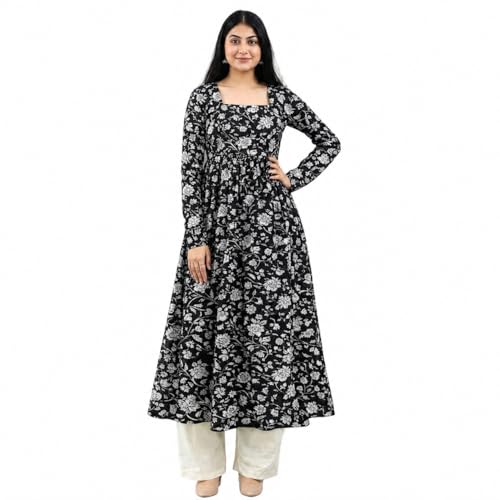 Image of Women's Cotton Nayra Cut Kurti for Women | Full Sleeves Printed Long Kurta | Stylish Flared Ethnic Wear Kurti, Casual & Festive Occasion