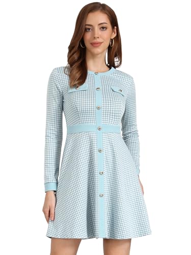 Allegra K Vestido Elegante con Botones y Cuello Redondo Tela a Cuadros para Mujer Ligero Azul M