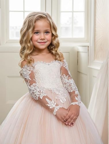 Flower Girl Dress with Sleeves Girls Tulle Pageant Gown Long First Communion Party Dress for Girls3
