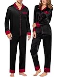 SWOMOG Couples Satin Pajama Set Women & Men Long Sleeve Sleepwear Button Down Loungewear Silky Pj Set with Long Pants Men Black Small