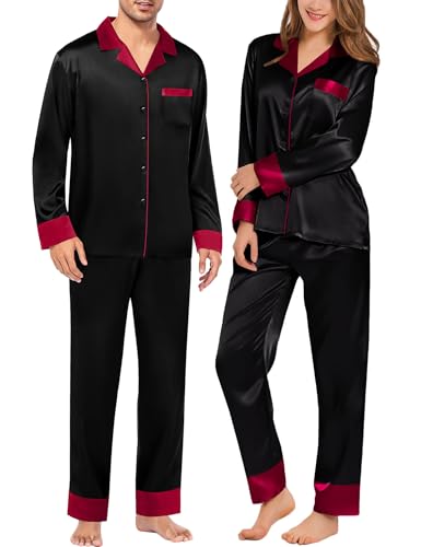 SWOMOG Couples Satin Pajama Set Women & Men Long Sleeve Sleepwear Button Down Loungewear Silky Pj Set with Long Pants Men Contrasting Black XX-Large
