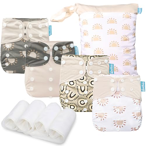 Smarbore Baby Cloth Diapers Set - 4 Pack with 4 Inserts & 1 Wet/Dry Separation Bag, Reusable Infant Toddler Nappy, Adjustable Pocket Diapers for Baby Boys and Girls (6-33 pounds, 0-3 Years)