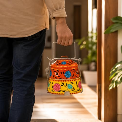 Image of iHandikart Handpainted Decorative Lunch Box Tiffin | Multiple Tier Stainless Steel Food Box | Designer Indian Print Tiffin for School | Diwali Gift, Navratri Gift (Color - Multicolor)