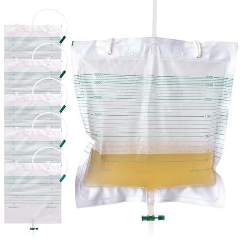 Eqivei 5 bolsas de pierna de 3000 ml, bolsas de drenaje de orina, bolsas de orina con película antireflujo, bolsa para la pierna con 2 correas de tela, válvula y drenaje en T