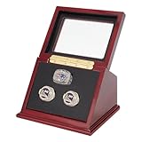 AHANDMAKER Ring Storage Box 3 Solts Ring Display Case Wooden Shadow Box for Championship Rings Gift for Baseball Basketball Hockey Sports Fans, Claret, Wine Red