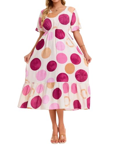 Image of Women's Summer Short Sleeve Maxi Floral Flowy Dresses with Pockets