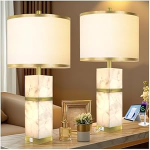 Natural Alabaster Table Lamps Set of 2 – Table Lamp with Night Light for Bedroom,Nightstand Lamps with USB Ports,Bedside Lamps with Linen Fabric Shade for Living Room,Bedroom,Office,Bar(Bulb Included)