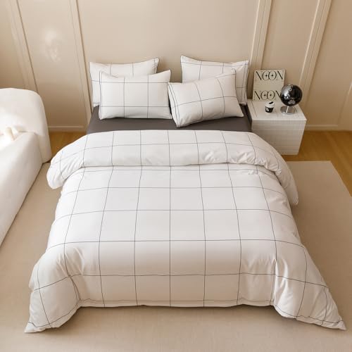 Image of KAREVER White Grid Comforter Twin Boys Grils Black Square Lines Checkered Bedding Set Twin White Plaid Comforter Twin Size