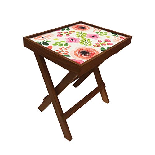 Image of Nutcase Designer Teak Wood Side Table Folding Wooden Bedside Coffee Outdoor Picnic Table - Cute Pink Floral