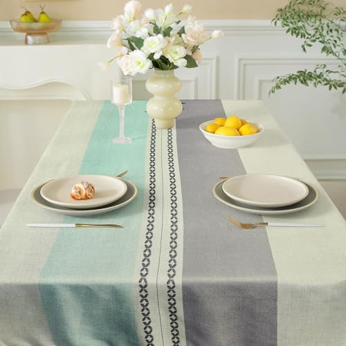 Image of Cortina Tablecloth for Dining Table Waterproof Table Cover, Cotton Linen Fabric Rectangle Tablecloth (Light Blue + Dark Grey, 6 Seater)