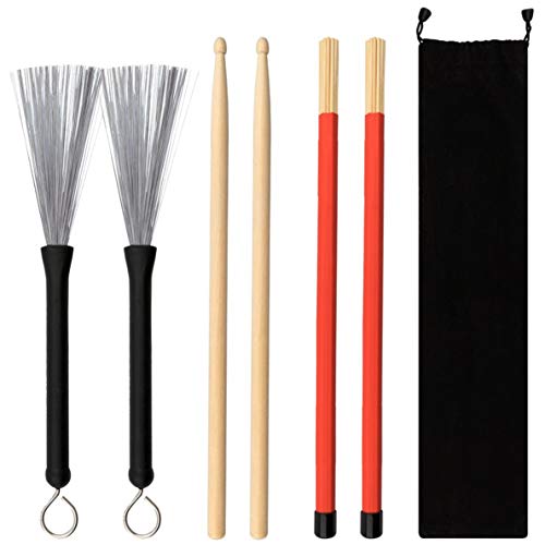 GOGHOST Drum Sticks Set - 5A Maple Wood Drum Sticks 1 Pair Drum Wire Brushes Retractable Drum Stick Brush and 1 Pair Rods Drum Sticks for Jazz Acoustic Folk Music Lover Gift with Portable Storage Bag