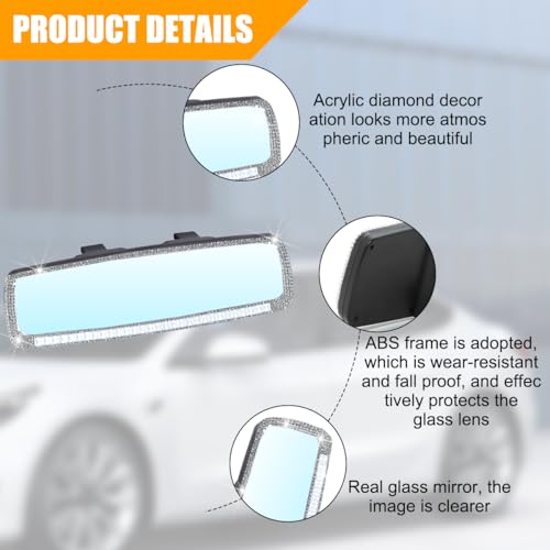 Image of Osilly Bling Car Rearview Mirror, Decorations Rear View Mirror with Crystal Rhinestones & Diamonds, Car Interior Trim Accessories, Clip-on & HD Glass, Sparkly Gift (White)