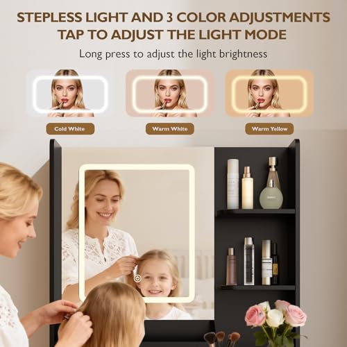Image of Vanity Desk with Mirror and LED Lights, Modern Small Makeup Vanity Desk with Drawer, 3 Storage Shelves, 24 Inches Make UP Dressing Table with Power Outlet, 3 Adjustable Lights for Bedroom, Black