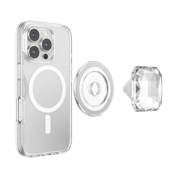 Image of PopSockets Phone Grip for MagSafe, Magnetic Holder, Phone Stand, Heart - Pillow Cut Heart Clear Glitter