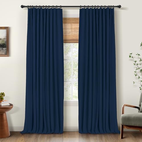 Image of INOVADAY 100% Blackout Curtains for Bedroom, Midnight Blue Black Out Curtains 96 Inch Long, Clip Rings Linen Blackout Drapes, Thermal Insulated Room Darkening for Living Room, 2 Panels - W50xL96