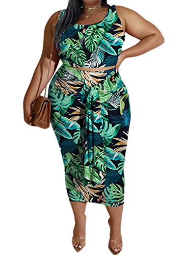 Image of Plus Size Women 2 Piece Outfits Sets Sexy Tracksuit Midi Dress,Sleeveless Tank Top Bodycon Skirts Set Casual Summer