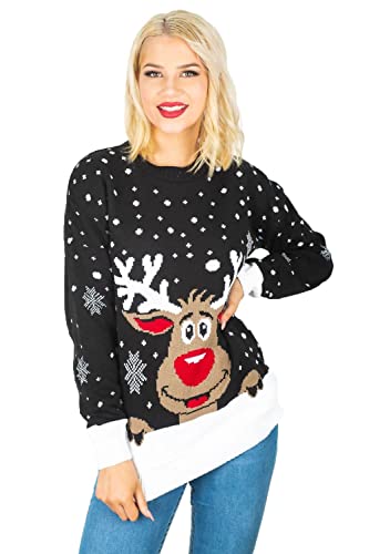 J5fashion - Maglione natalizio da donna Happy Reindeer, Nero ,
