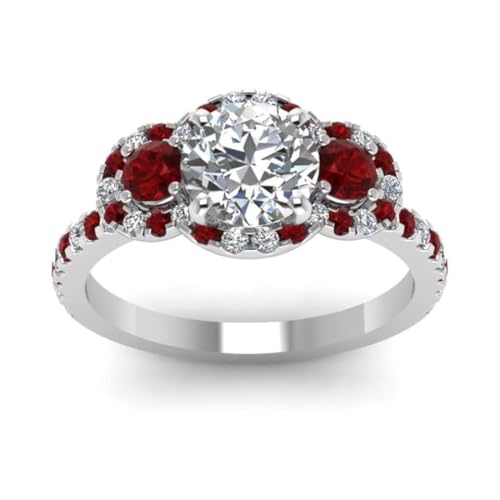 Image of 55Carat Choose Your Gemstone Delicate 3 Stone Halo Diamond CZ Ring Sterling Silver Round Shape Halo Engagement Rings Everyday Jewelry Wedding Jewelry Handmade Gifts for Wife US Size 4 to 12