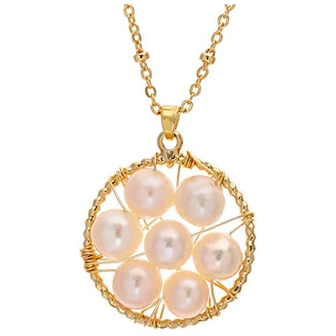 Cowlyn Pearl Necklace Round Pendant 18K Gold Plated Bohemian Style Christmas Birthday Handmade Gift Jewelry for Women Cover