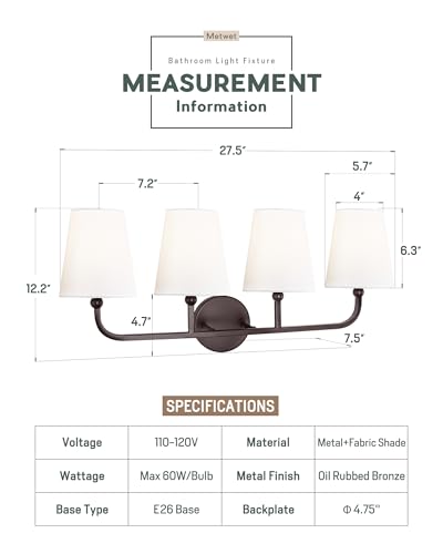 Image of Bathroom Light Fixtures, 4 Light Oil Rubbed Bronze Vanity Lights with Flared White Fabric Shade, 28 Inch Wall Sconce, Vintage Sconces Wall Lighting for Hallway Bedroom, VL837-ORB-4