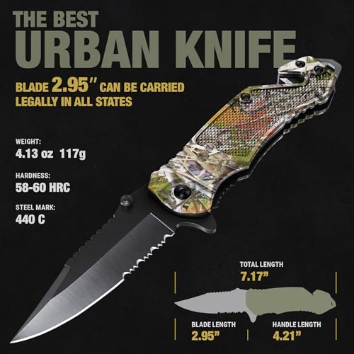 Image of GOOD WORKER Legal Pocket Knife with 2.95 inch Serrated Blade, Glass Breaker, Seat Belt Cutter - EDC Sharp Folding Knives with Portable Clip - Small Tool for Tactical Camping Survival Hiking - Gifts for Men, Women