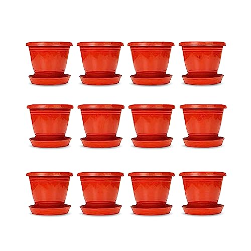 Kraft Seeds Gamla Planter Pots With Bottom Plate Tray (12 Pcs, 8 Inch, Red) | Plant Pots for Home | Plant Containers | Indoor Outdoor Balcony Flower Pots | Drip Tray Pots | Plastic Pots With Plates