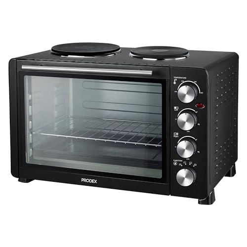Prodex PX7145B Electric Mini Oven with Grill and Double Hotplate Hob 45 Litre Ideal for Roasting Baking Grilling and Reheating with Aluminium Baking Tray Black