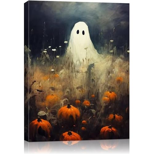 Halloween Ghost in Pumpkin Patch Canvas Poster
