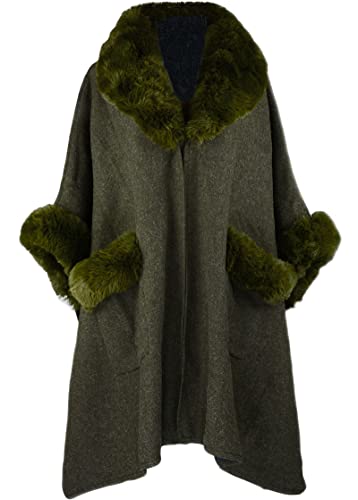 Image of Women Poncho with Pocket Warm Cashmere Cardigan Cape with Rabbit Fur