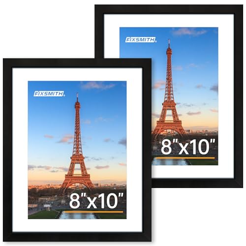 FIXSMITH 8×10 Picture Frame Set of 2, Photo Frame with HD Plexiglass, Display Pictures 5×7 with Mat or 8×10 Without Mat Multi Picture Frames Collage for Tabletop or Wall Display, Black
