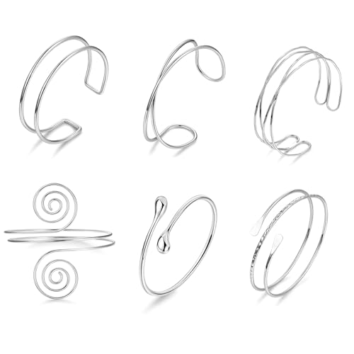 Kunaxku 6PCS Oberarmreif Silber Set Oberarmreif Armreif mit 6 Silbernen Armreifen,Verstellbar und Minimalistisch,Boho Armreif Silber 925 Damen,Wickelarmband Damen,Sterling Silber 925