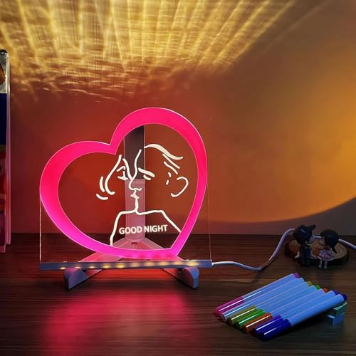 Pizarra acrílica de borrado en seco con luz, tablero de notas LED en forma de corazón con colores, tablero de mensajes acrílico LED con soporte y bolígrafo de 7 colores, tablero de dibujo LED,