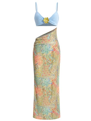 Women's Bra Cut Out Maxi Dress Sexy Boho Paisley Contrast Pattern Slip Sleeveless Bodycon Long Dress