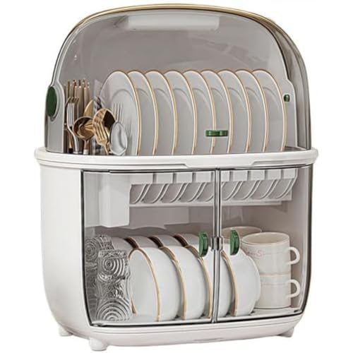 PANJIE 食器収納ボックス 二段式 透明防塵 仕切り設計 大容量 キッチン用品 食器収納 箸スプーン収納 水切り機能 お手入れ簡単 ダブルドア開閉 家庭用 シンプルスタイル 多機能 整頓 防塵・防湿 取り出しやすい キッチン整理 (クリアグレー,44.