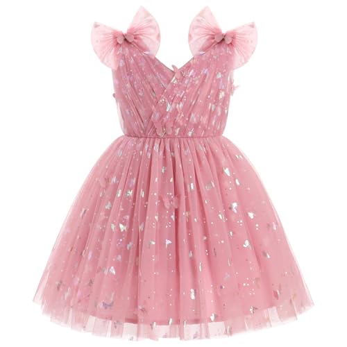 Image of IMEKIS Toddler Kids Girls Butterfly Dress Sparkle Sequins Tulle Wedding Formal Birthday Dresses 2-10T
