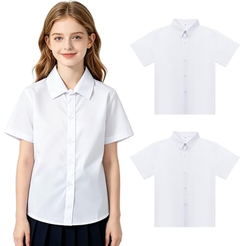 SCCGKP 2 Pack Girls Short Sleeve School Shirts Casual White School Blouses Shirt Uniform for Teenagers Kids Girls Age 4-16 (14-15 Years White)