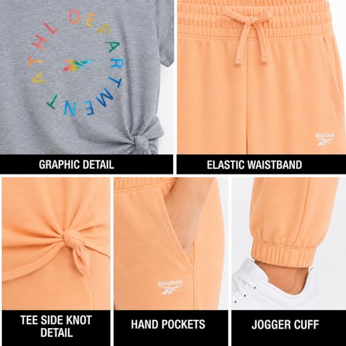 Image of Reebok Girls Sweatpant Set - 3 Piece Athletic Short Sleeve Girls Shirts and Jogger Sweatpants with Pockets - Kids Workout Set