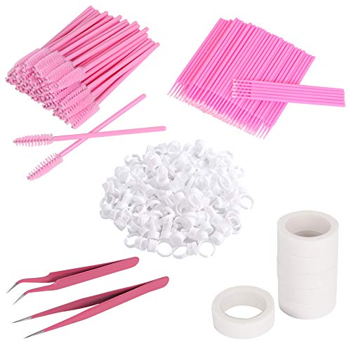 Leevia Kit d'extension de cils - 100 anneaux de support de colle, 100 micro brosses à cils, 6 rouleaux de ruban adhésif, 50 pinceaux à mascara, 2 pinces à cils