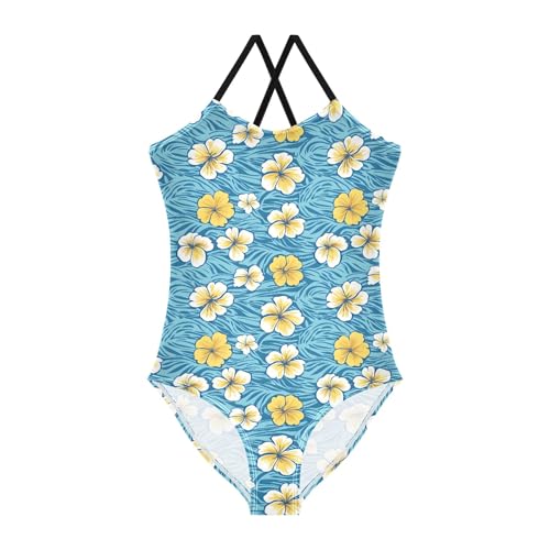 senya Girls Swimsuits One-Piece Swimwear Tie Bathing Suit Beach Summer Round Neck 7-8T Hawaiian Flowers Blue