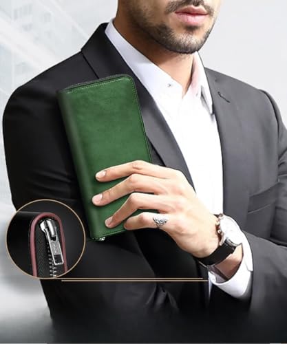 Men's Long Genuine Leather Wallet Large Capacity Zippered Pouch with Coin Purse Stylish and Unisex Black (Green)2