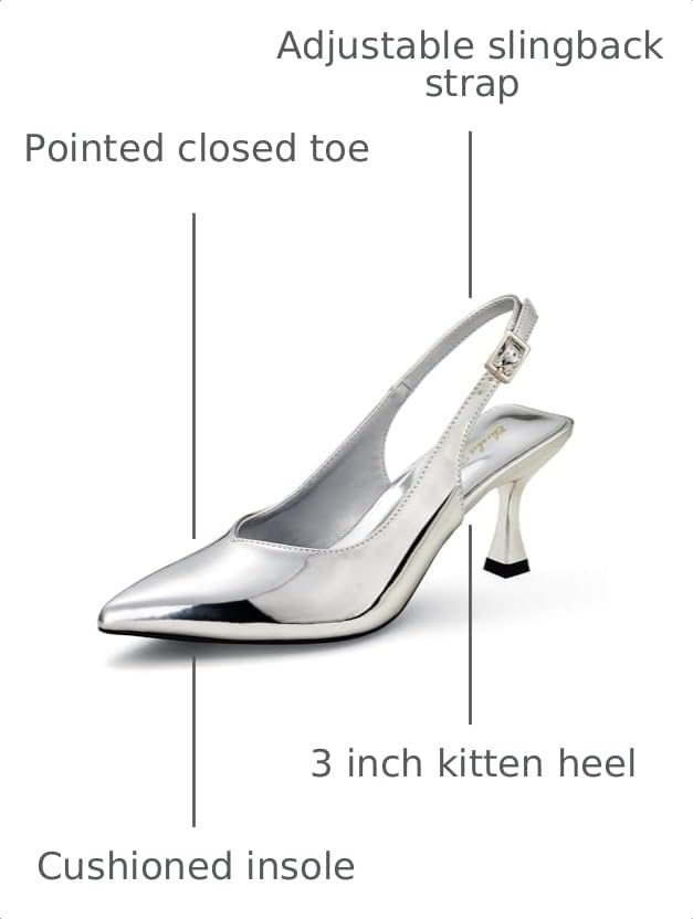 Image of Elisabet Tang Women's Kitten Heel Slingback Low Pumps 3 Inches Stiletto Pointed Closed Toe Elegant Dressy Bridal Wedding Party Shoes