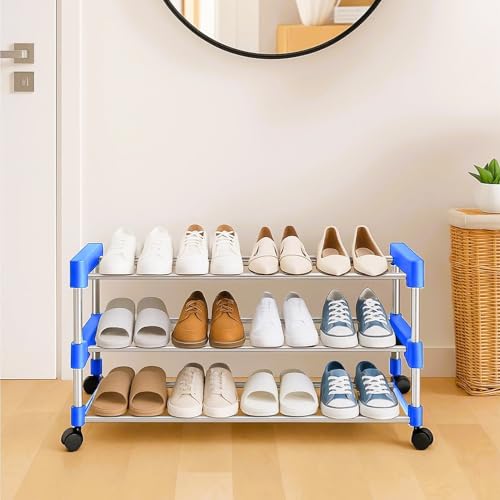HOMIFLY Shoe Rack/Stainless Steel Shoe Stand with Wheel/Movable Shoe Rack for Home/Multi-Purpose Footwear Stand/Books/Newspaper– 3 Tier (Silver and Blue)