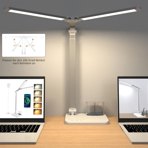 iVict Led-Schreibtischlampe, Doppelkopf, höhenverstellbar, dimmbare Nachttischlampe mit USB-Ladeanschluss, 5 Lichtmodi, Schreibtischlampen für Kinder, Touch Control zum Lesen, Basteln, Arbeiten